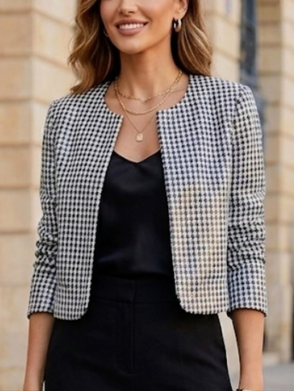 Wayf Black & White Houndstooth Cropped Blazer
